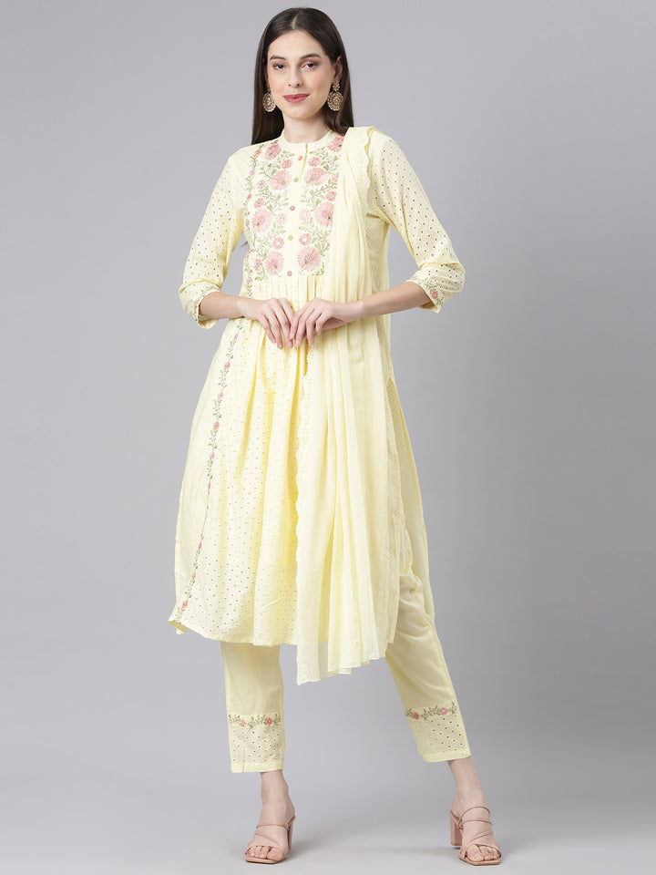 Neerus Yellow Solid Straight Kurta and Trousers With Dupatta