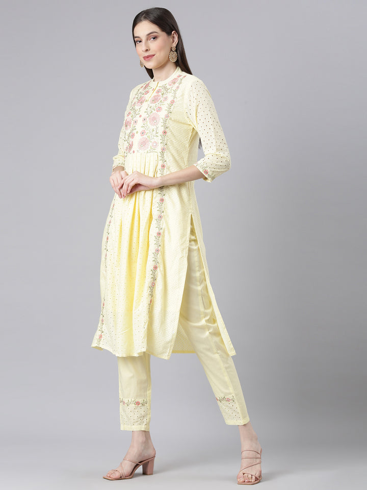 Neerus Yellow Solid Straight Kurta and Trousers With Dupatta