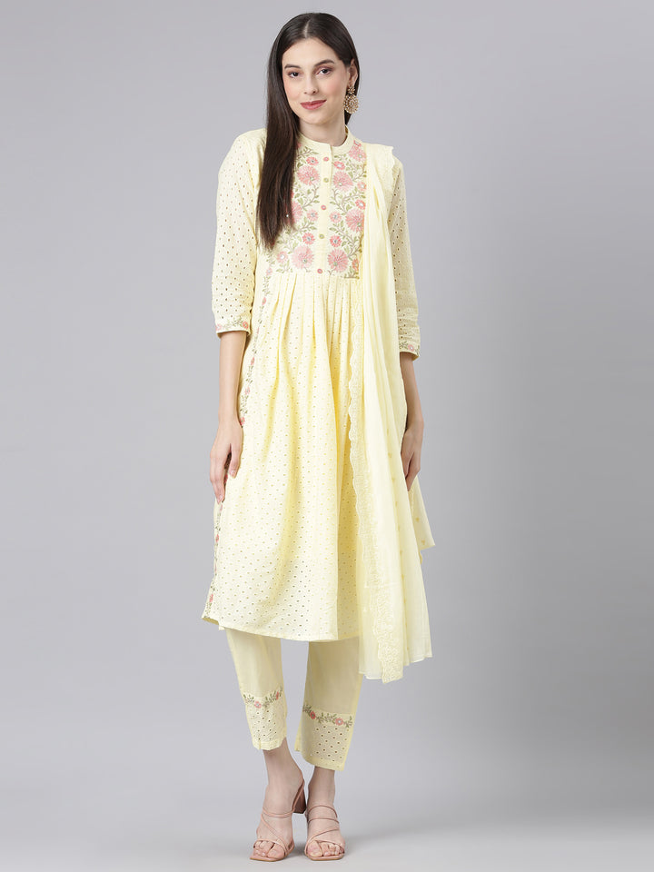 Neerus Yellow Solid Straight Kurta and Trousers With Dupatta