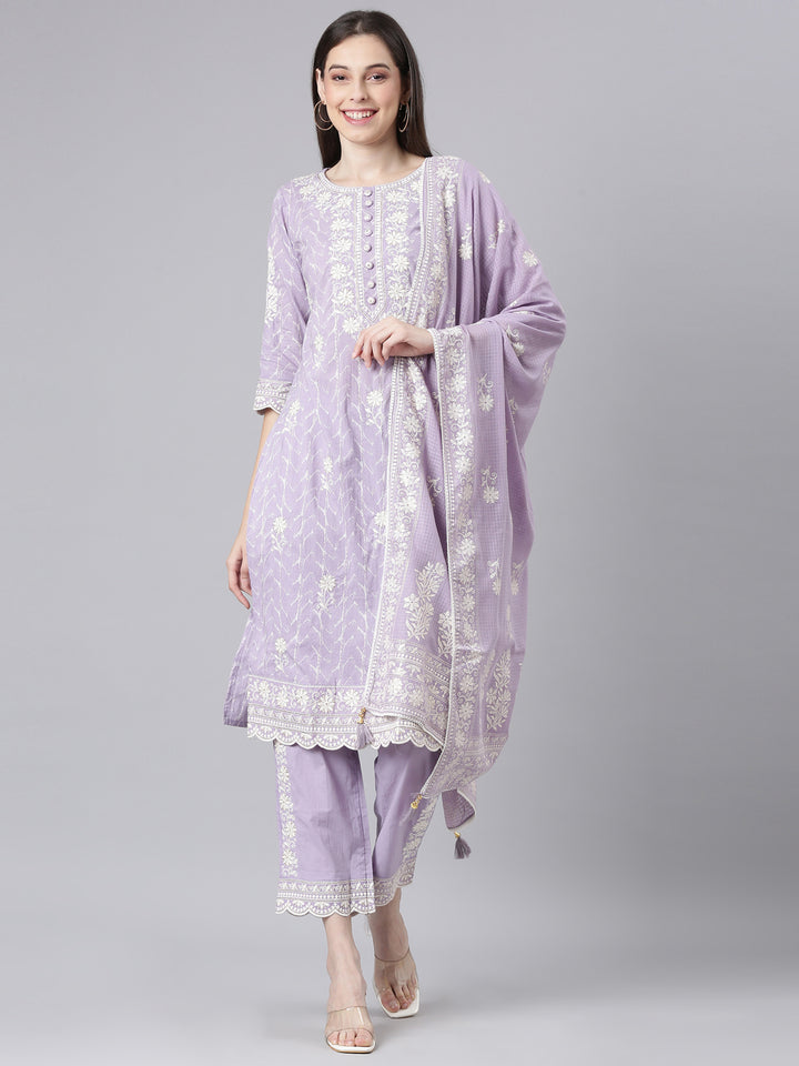 Neerus Lavender Embroidered Straight Kurta and Trousers With Dupatta