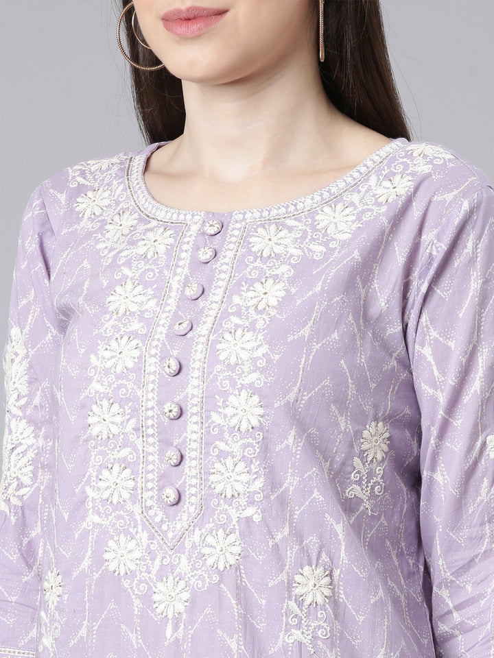 Neerus Lavender Embroidered Straight Kurta and Trousers With Dupatta