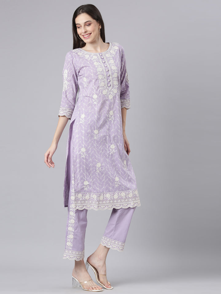 Neerus Lavender Embroidered Straight Kurta and Trousers With Dupatta