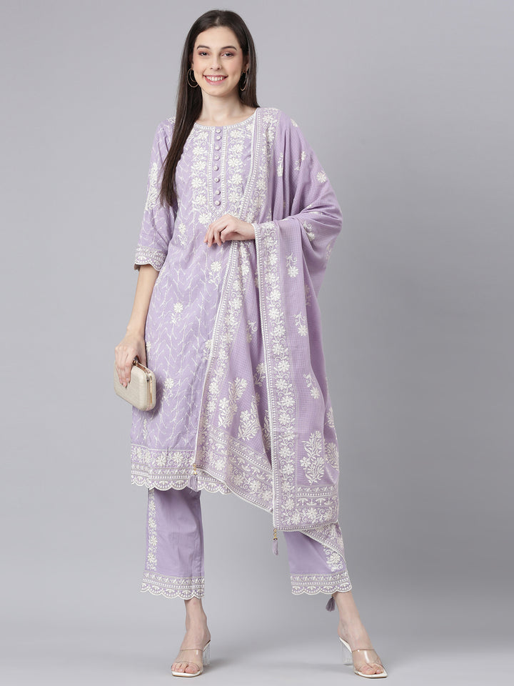 Neerus Lavender Embroidered Straight Kurta and Trousers With Dupatta