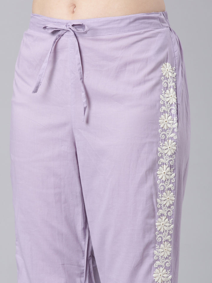Neerus Lavender Embroidered Straight Kurta and Trousers With Dupatta