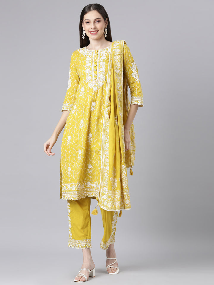 Neerus Mustard Embroidered Straight Kurta and Trousers With Dupatta