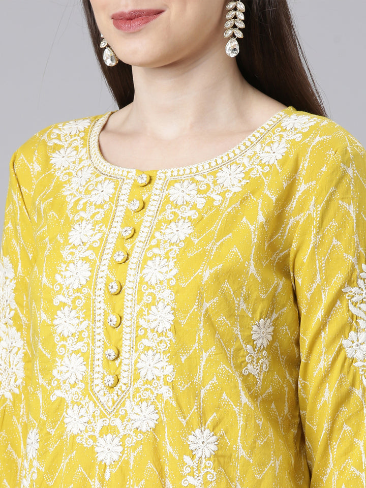 Neerus Mustard Embroidered Straight Kurta and Trousers With Dupatta