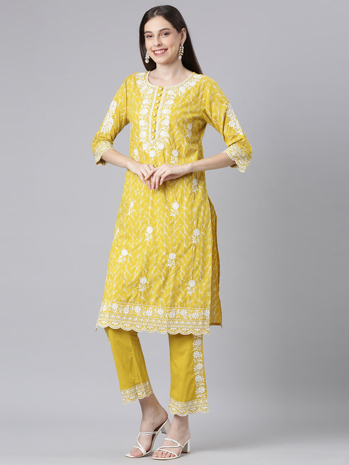 Neerus Mustard Embroidered Straight Kurta and Trousers With Dupatta