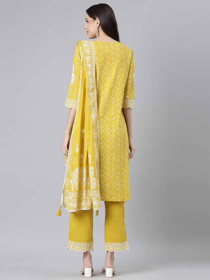 Neerus Mustard Embroidered Straight Kurta and Trousers With Dupatta