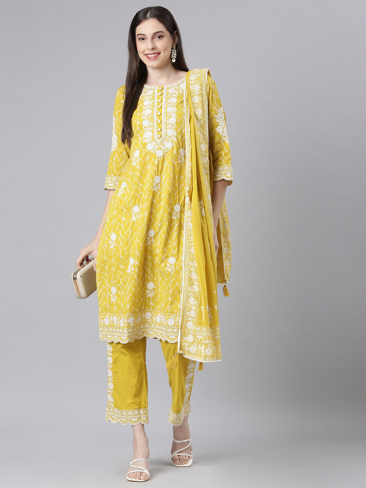 Neerus Mustard Embroidered Straight Kurta and Trousers With Dupatta