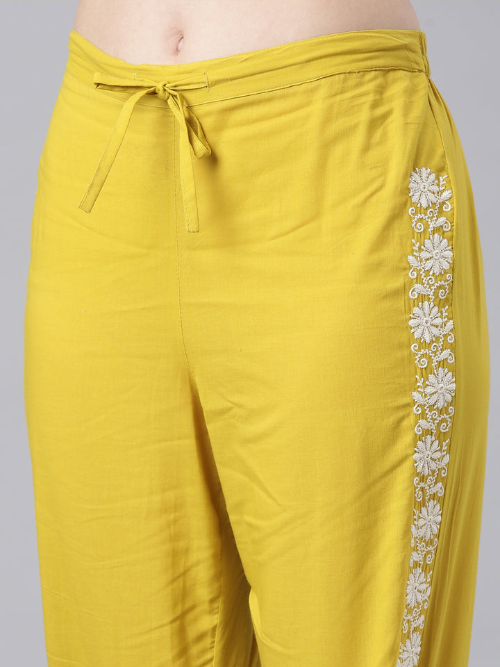 Neerus Mustard Embroidered Straight Kurta and Trousers With Dupatta