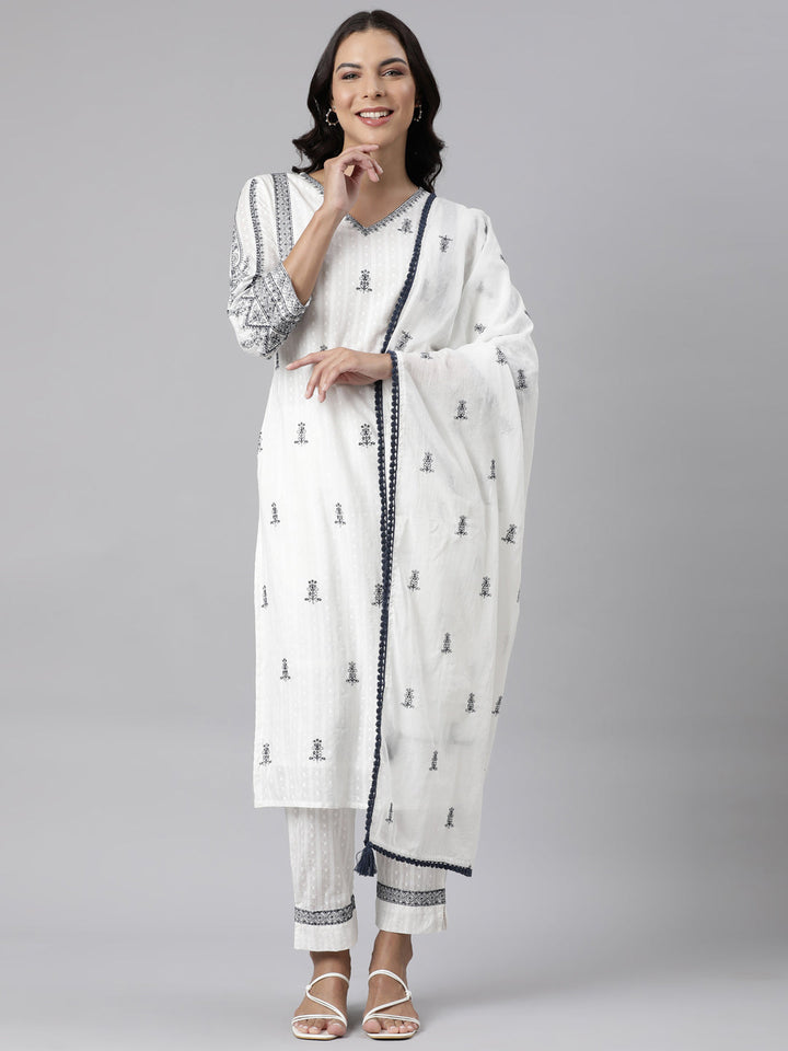 Neerus White cotton embroidered straight suit set - front view