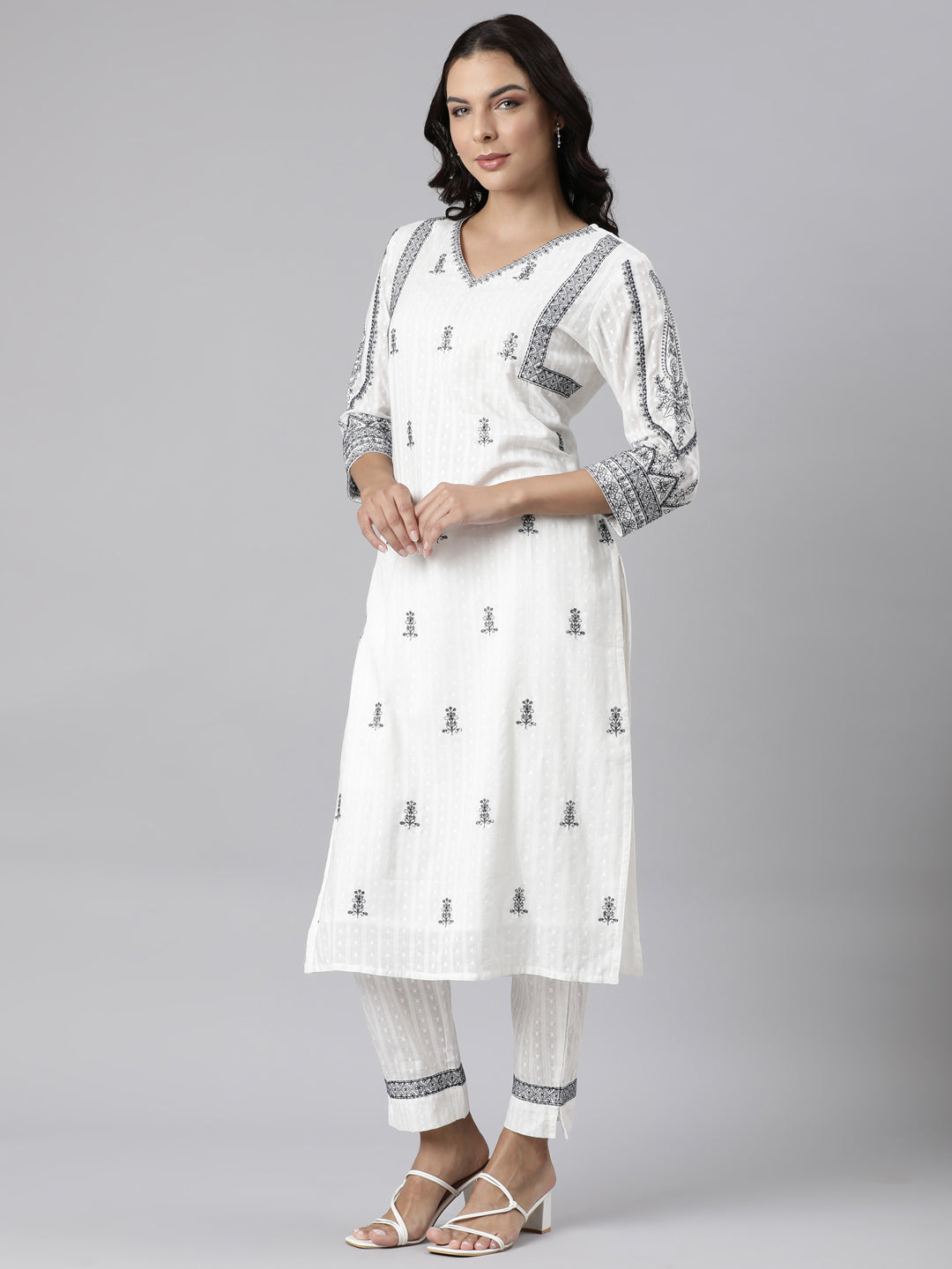 Neerus White cotton embroidered straight suit set - back view