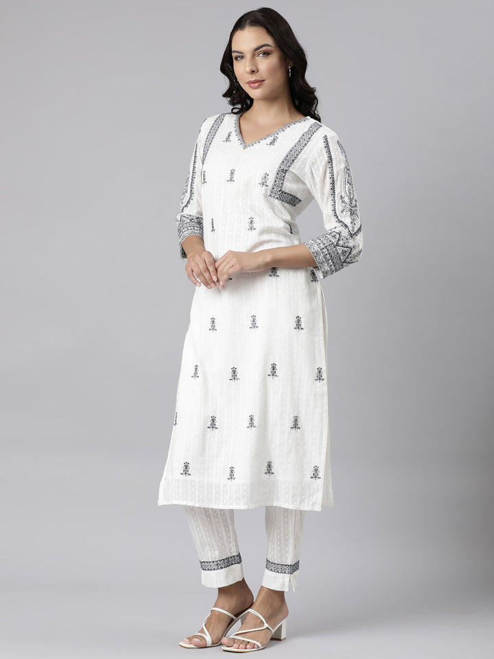 Neerus White cotton embroidered straight suit set - back view