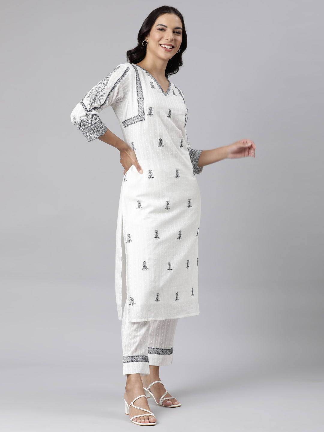 Neerus White cotton embroidered straight suit set - side view