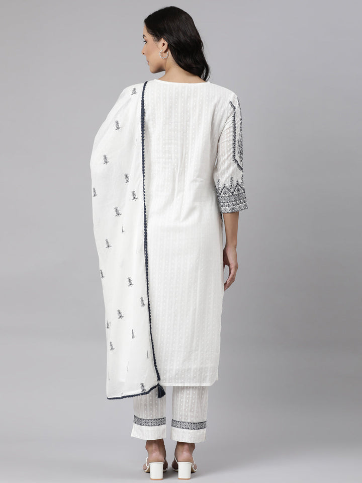 Neerus White cotton embroidered straight suit set - detail view 1
