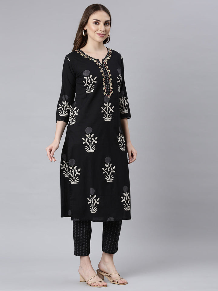 Neerus Black printed floral suit set panelled straight - side view