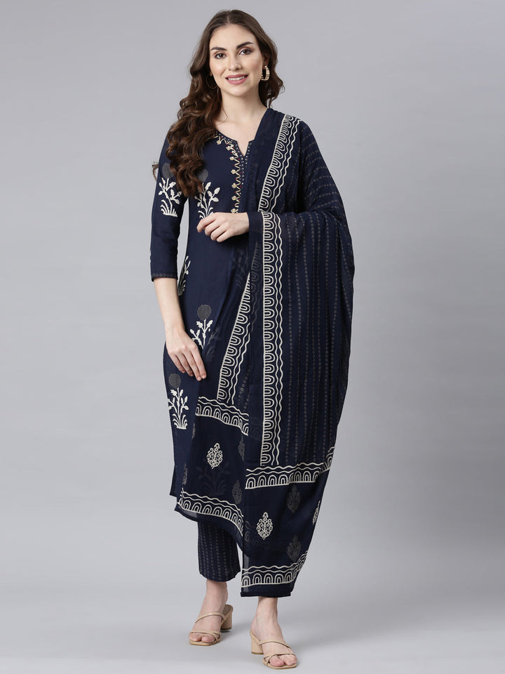 Neerus Blue printed floral straight suit set - front view