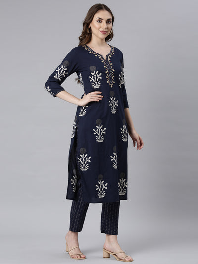 Neerus Navy Blue Panelled Straight Floral Kurta And Trousers With Dupatta