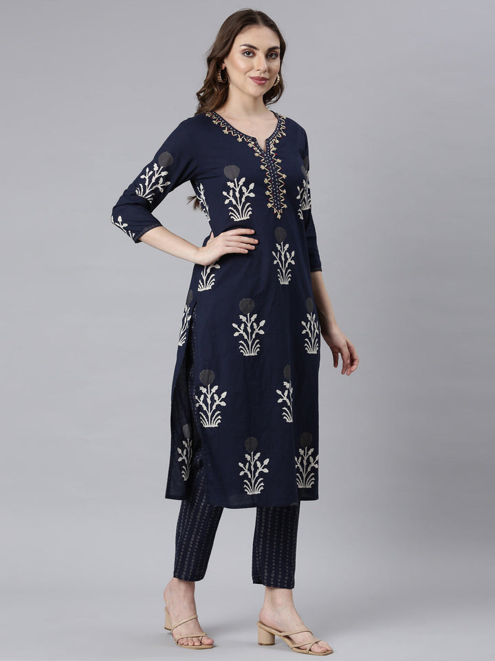 Neerus Blue printed floral straight suit set - side view