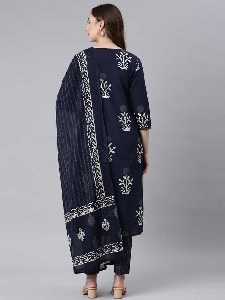 Neerus Blue printed floral straight suit set - detail view 1