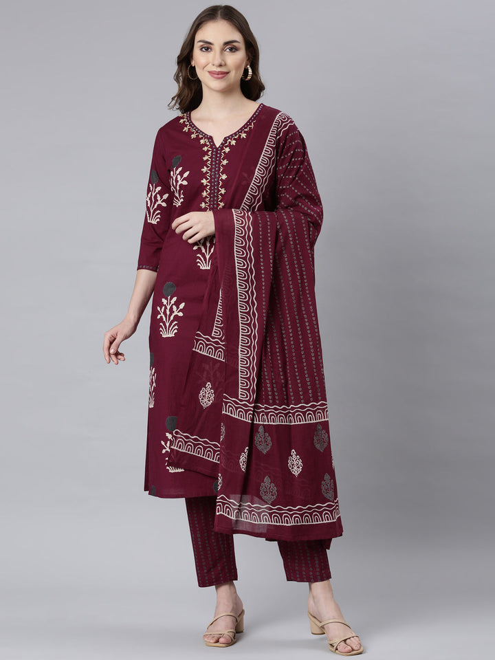 Neerus Maroon floral printed straight suit set - front view
