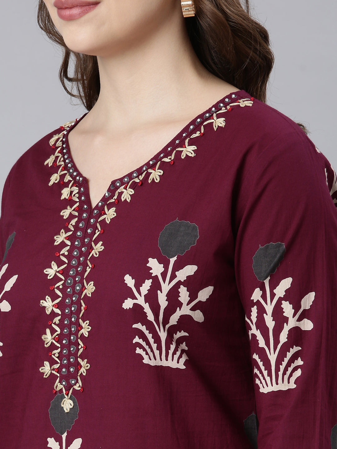 Neerus Wine Panelled Straight Floral Kurta And Trousers With Dupatta