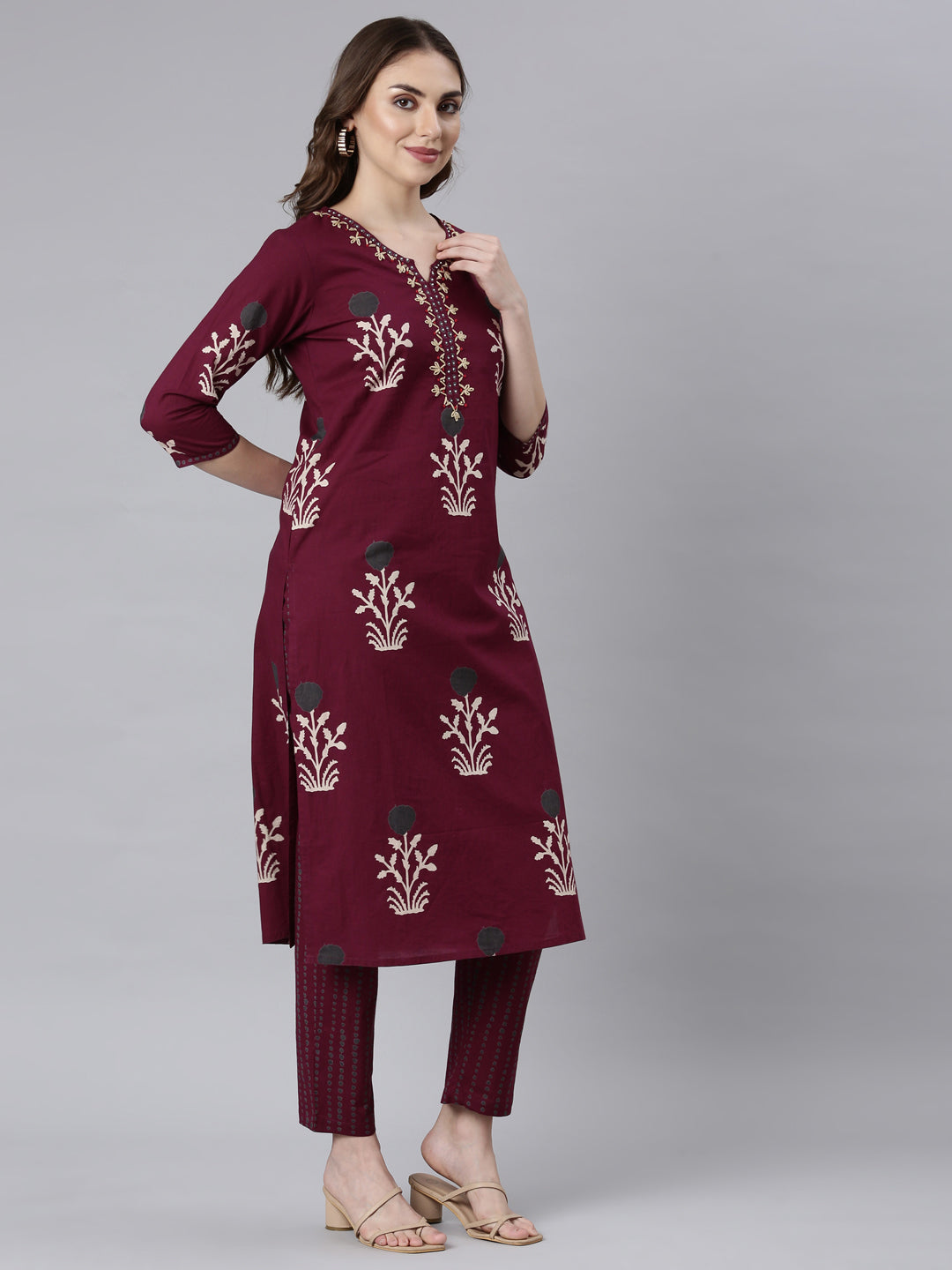 Neerus Wine Panelled Straight Floral Kurta And Trousers With Dupatta