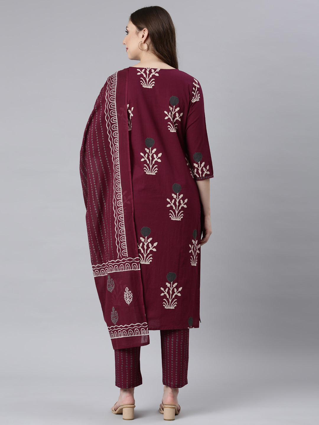 Neerus Maroon floral printed straight suit set - detail view 1