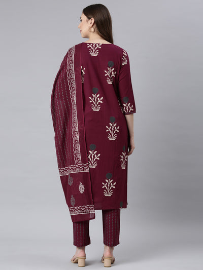 Neerus Wine Panelled Straight Floral Kurta And Trousers With Dupatta