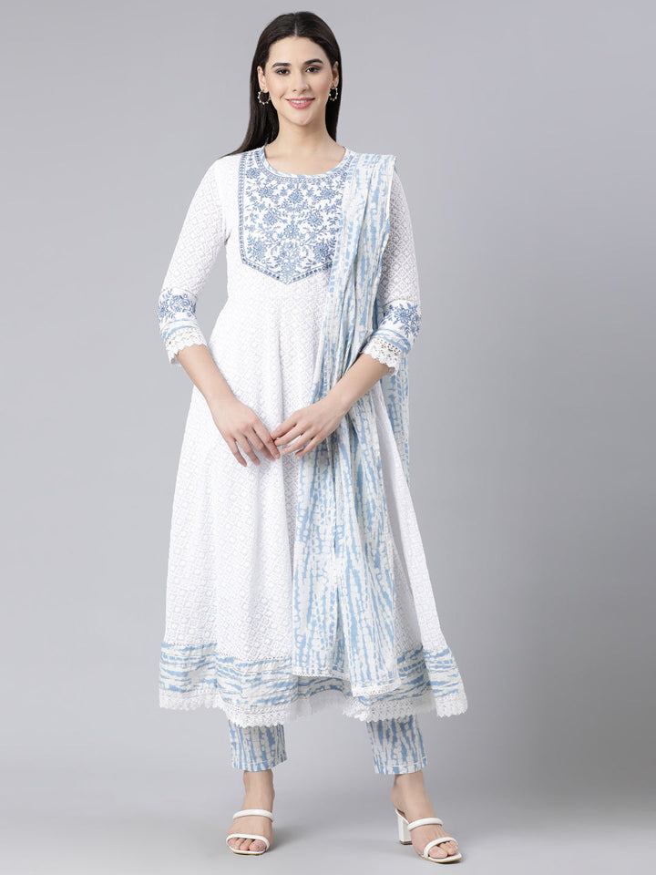 Neerus Blue Panelled Yoke Design Kurta And Trousers With Dupatta