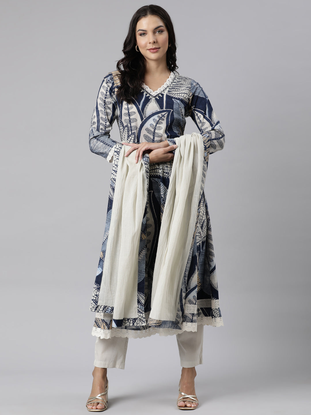 Neerus Blue printed straight suit set kurta with trouser and dupatta - front view