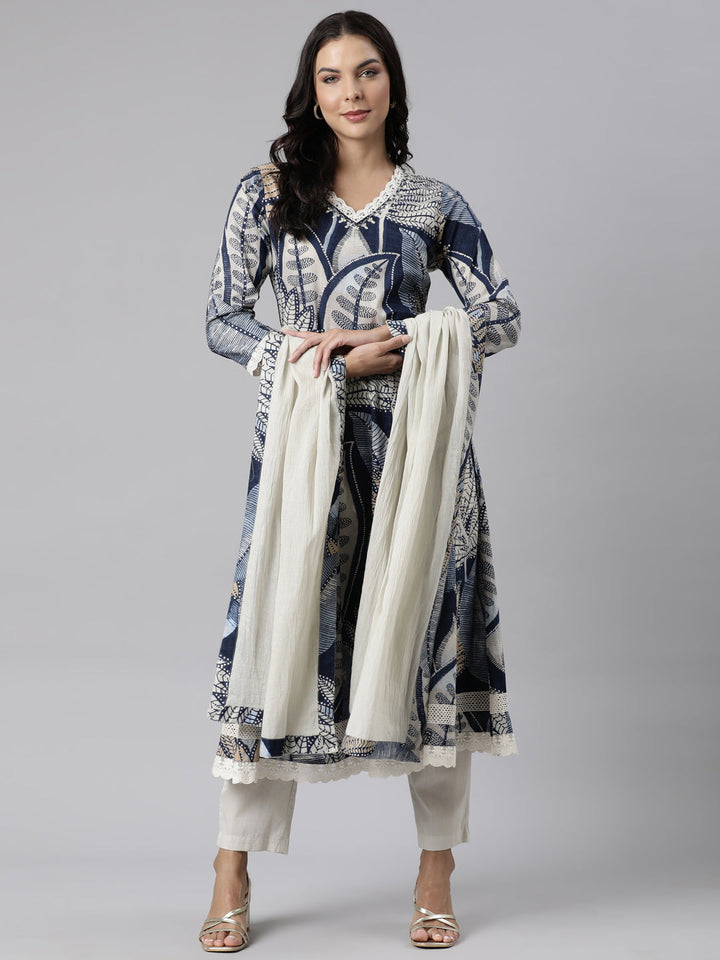Neerus Blue printed straight suit set kurta with trouser and dupatta - front view