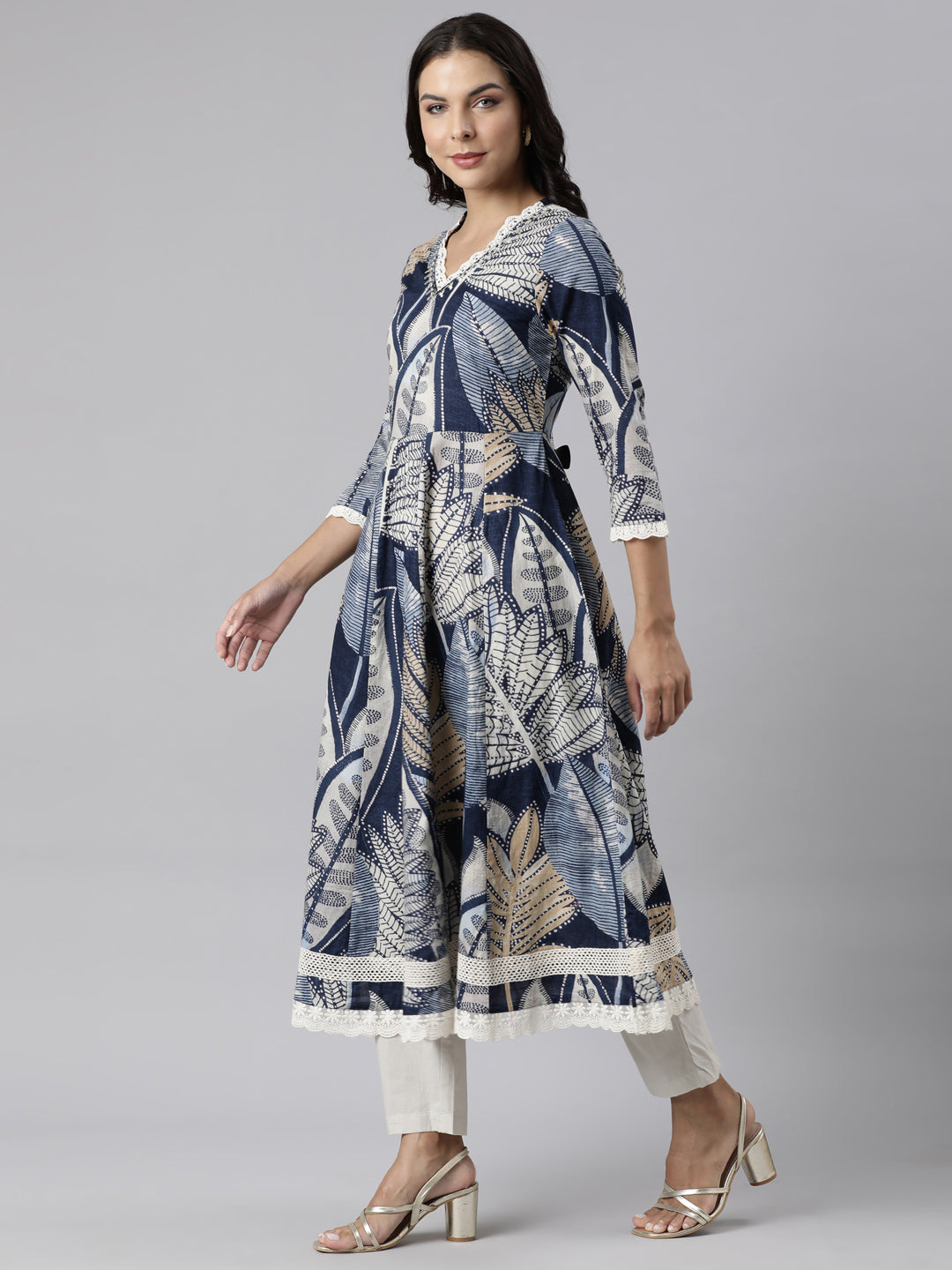 Neerus Blue printed straight suit set kurta with trouser and dupatta - back view