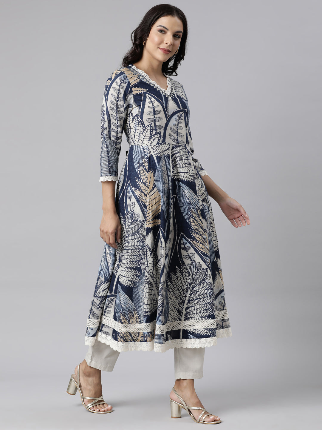 Neerus Blue printed straight suit set kurta with trouser and dupatta - side view