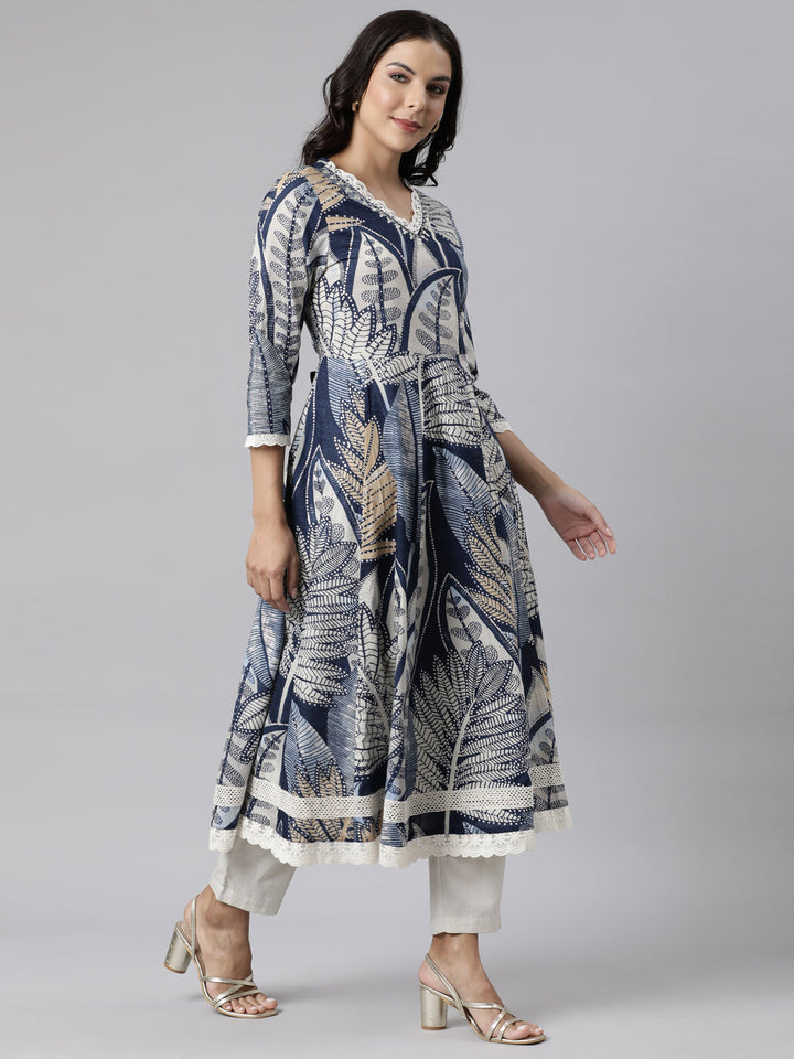 Neerus Blue printed straight suit set kurta with trouser and dupatta - side view