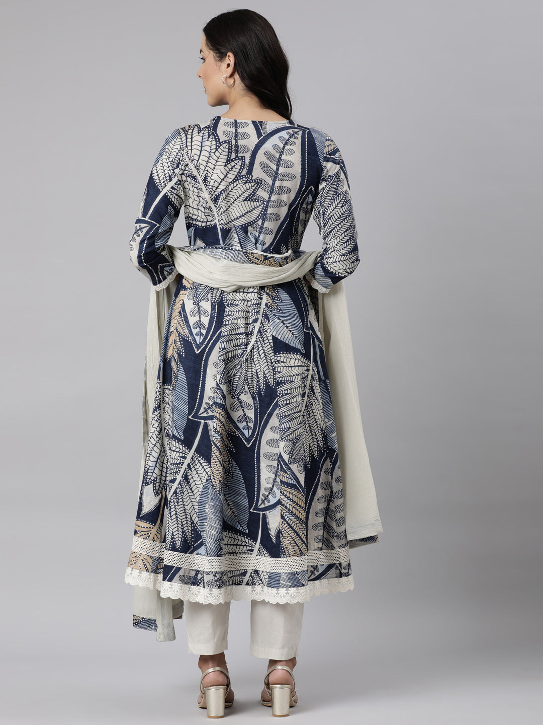 Neerus Blue printed straight suit set kurta with trouser and dupatta - detail view 1