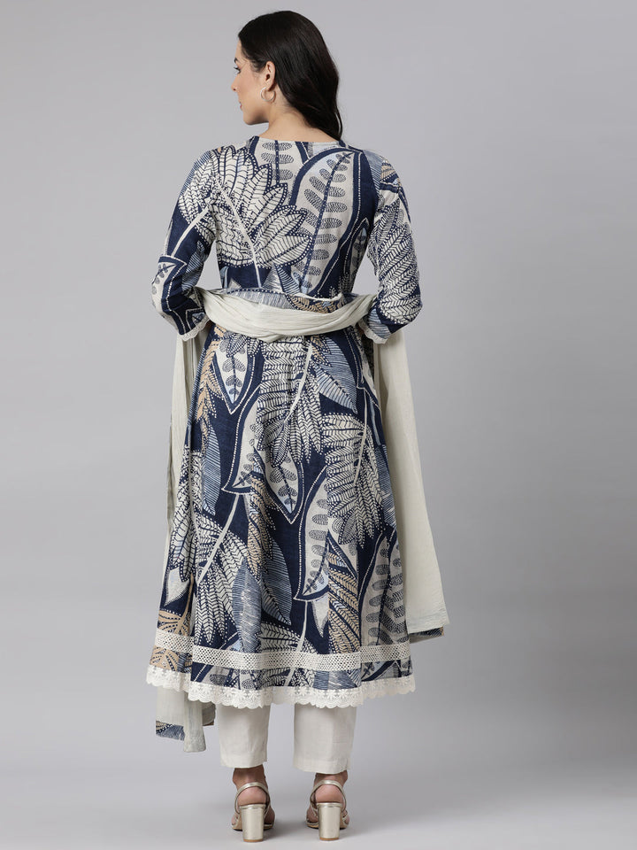 Neerus Blue printed straight suit set kurta with trouser and dupatta - detail view 1