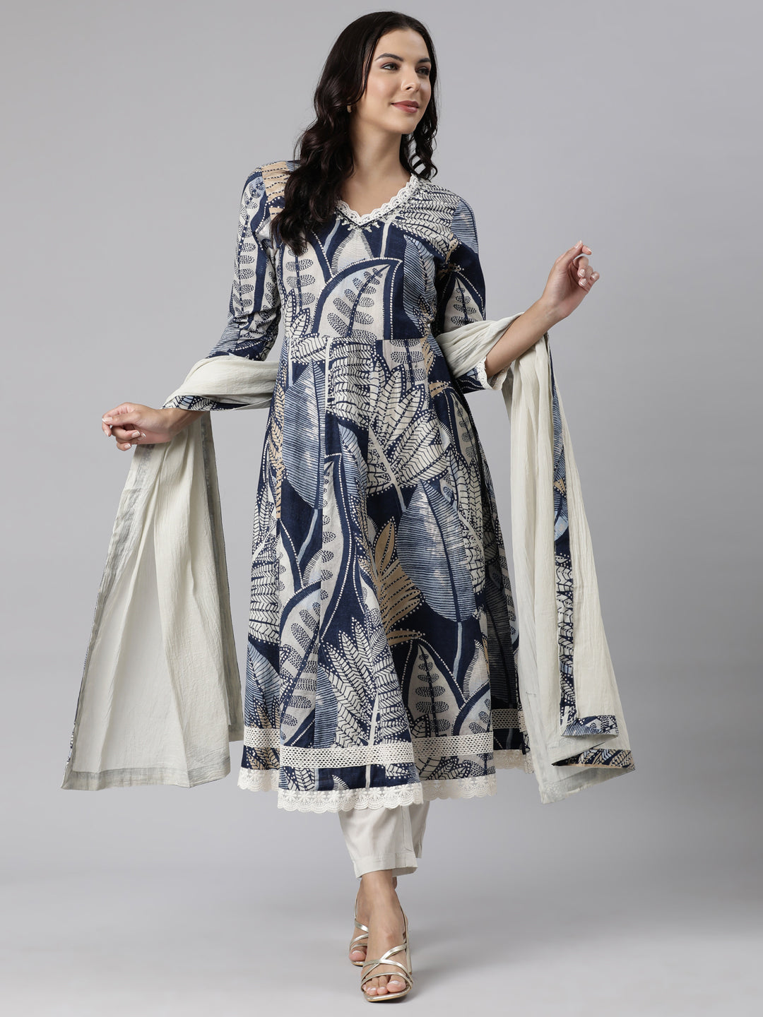 Neerus Blue printed straight suit set kurta with trouser and dupatta - detail view 3