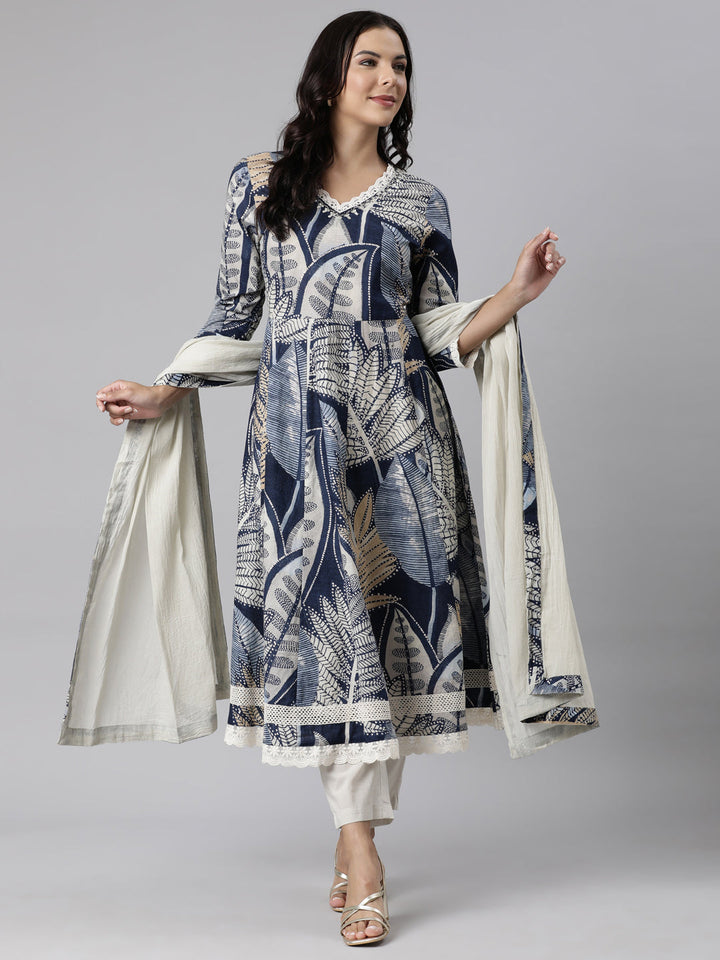 Neerus Blue printed straight suit set kurta with trouser and dupatta - detail view 3