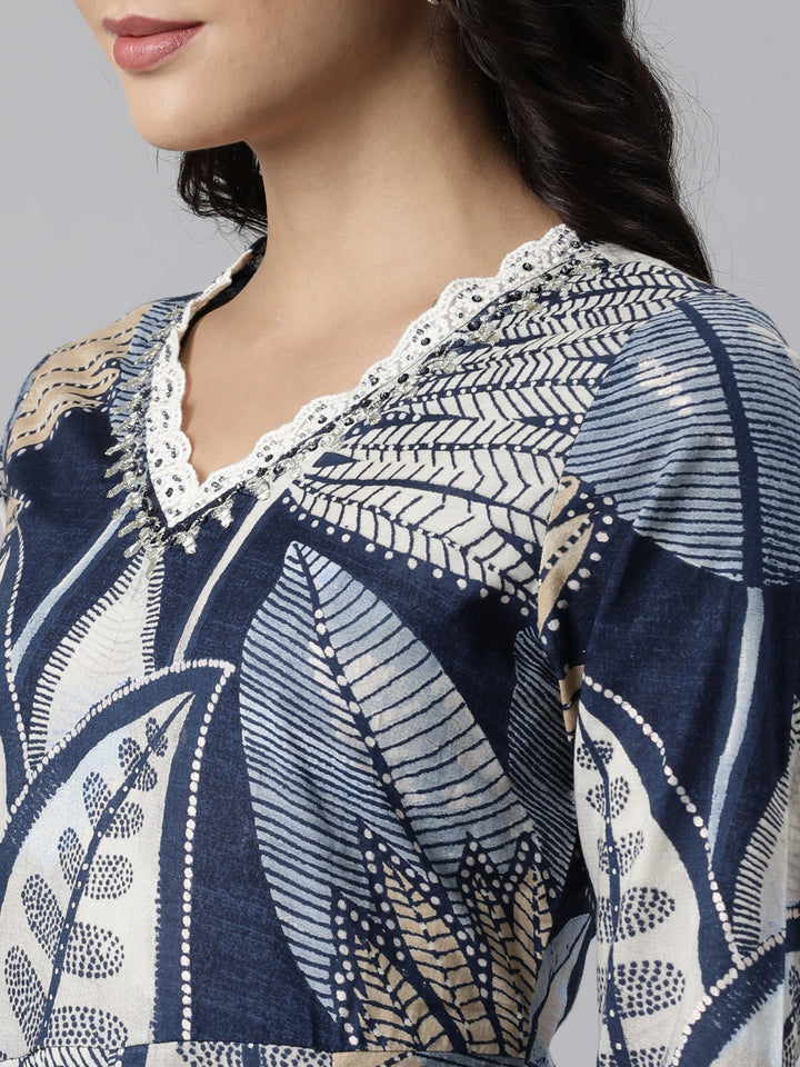 Neerus Blue printed straight suit set kurta with trouser and dupatta - detail view 2