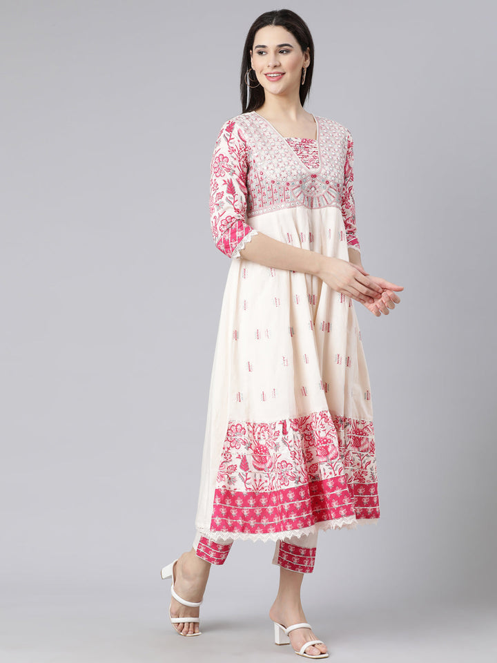 Neerus Off White Panelled Yoke Design Kurta And Trousers With Dupatta