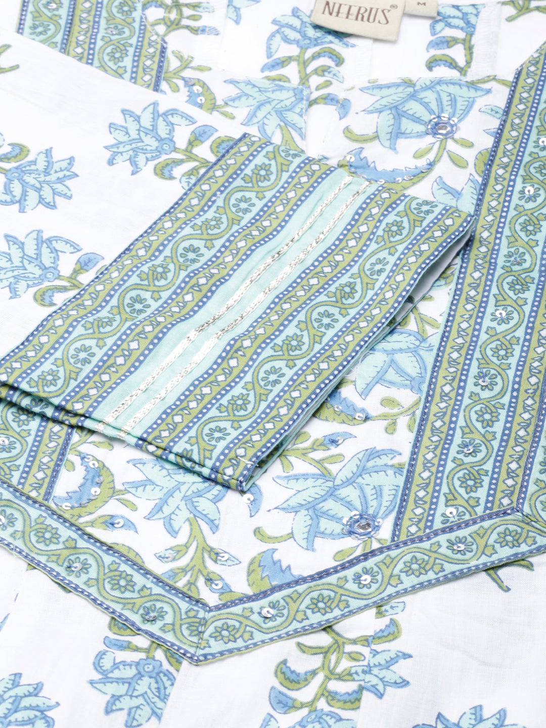 Neerus Green solid straight suit set kurta with trouser and dupatta - detail view 1