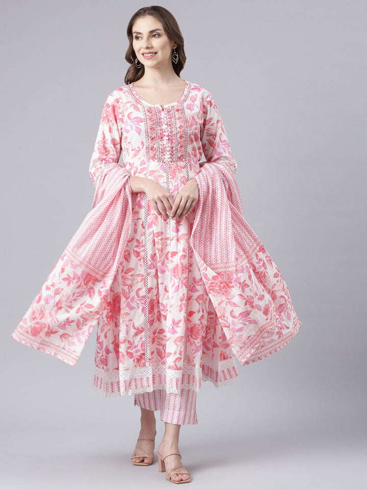Neerus Pink embroidered panelled suit set with dupatta - front view