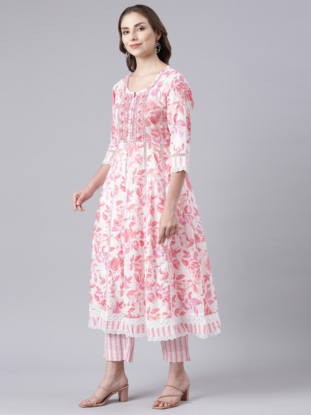 Neerus Pink embroidered panelled suit set with dupatta - back view