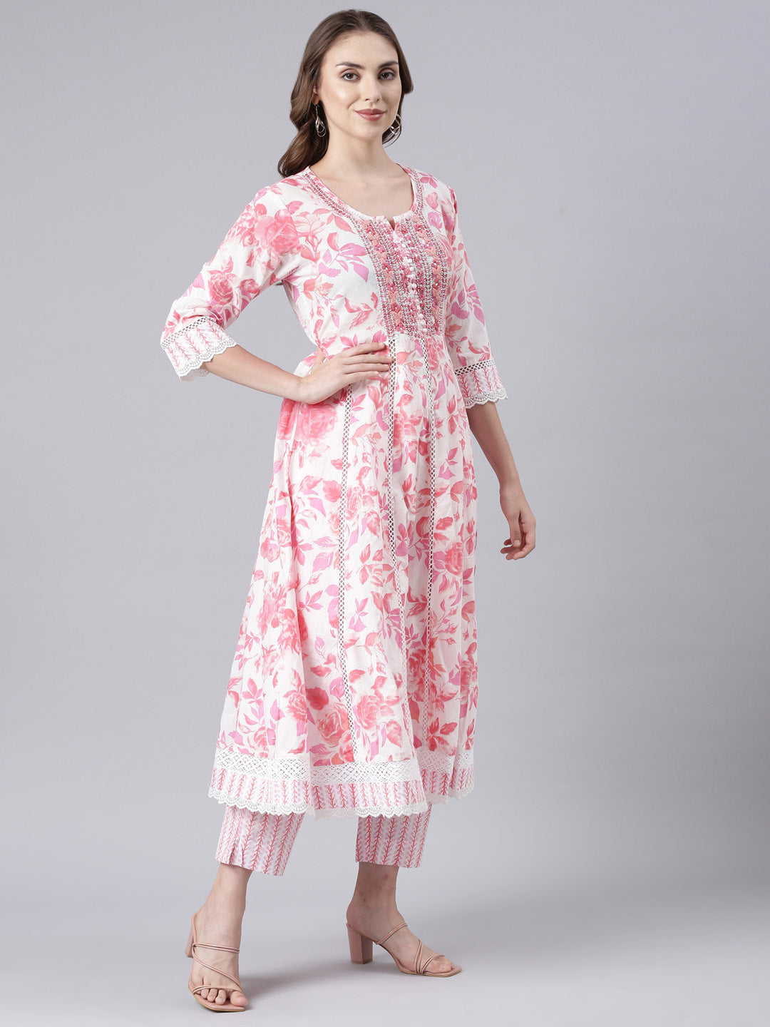 Neerus Pink embroidered panelled suit set with dupatta - side view