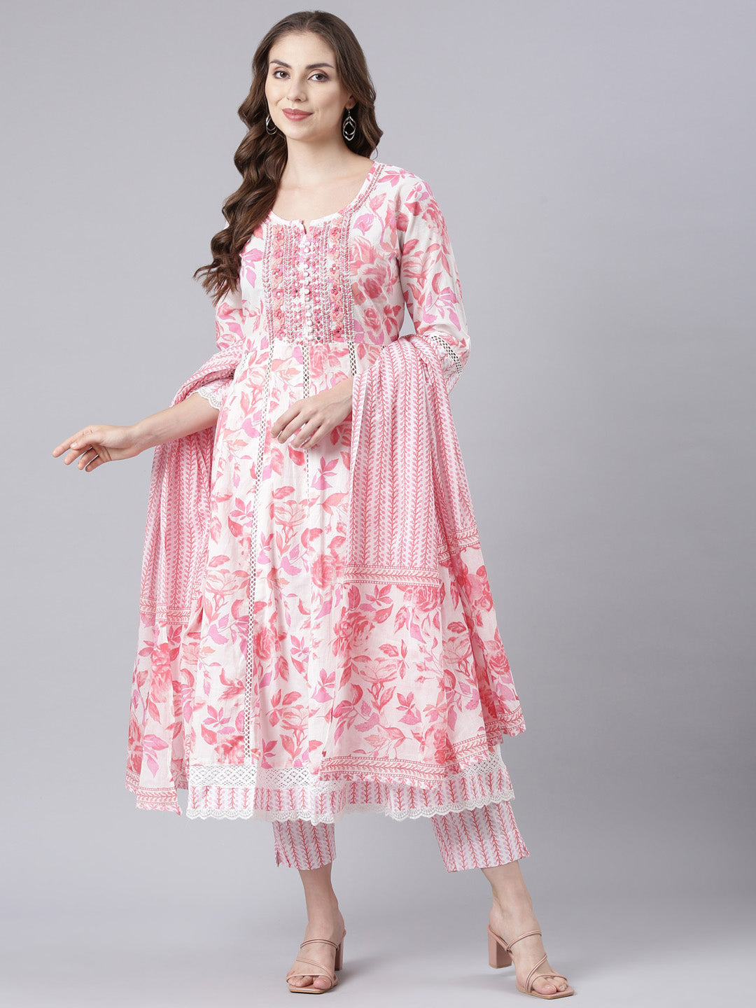 Neerus Pink embroidered panelled suit set with dupatta - detail view 3