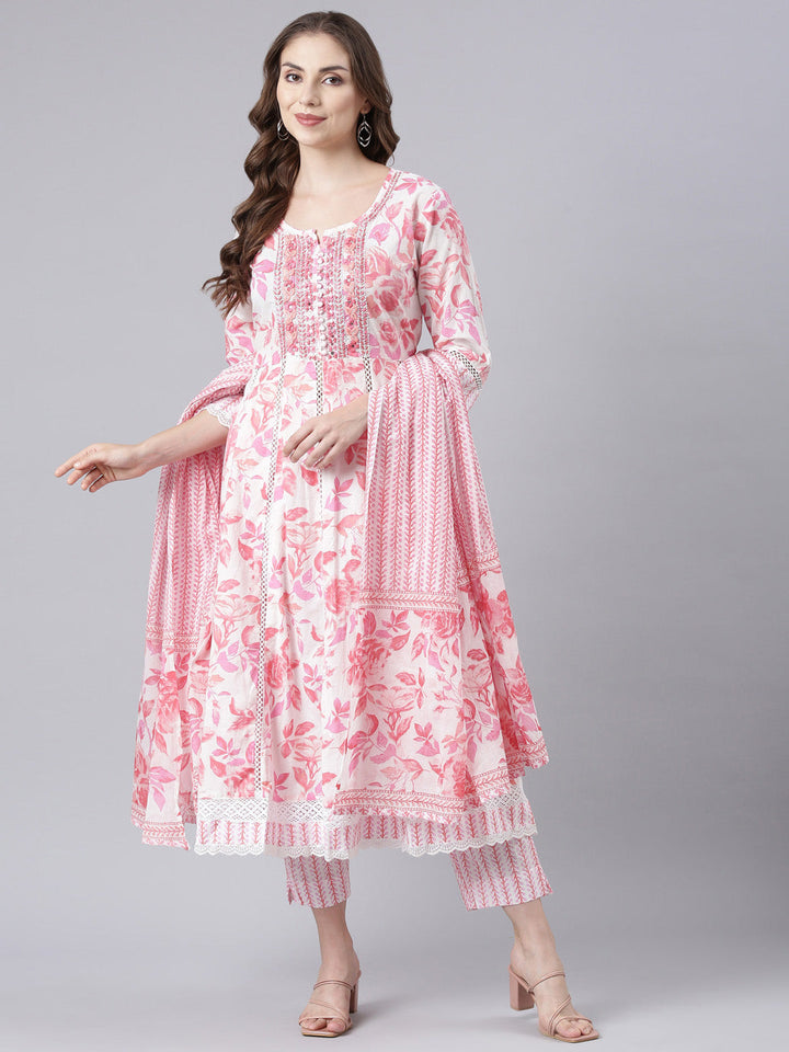 Neerus Pink embroidered panelled suit set with dupatta - detail view 3