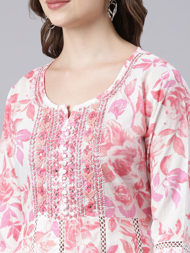 Neerus Pink embroidered panelled suit set with dupatta - detail view 2