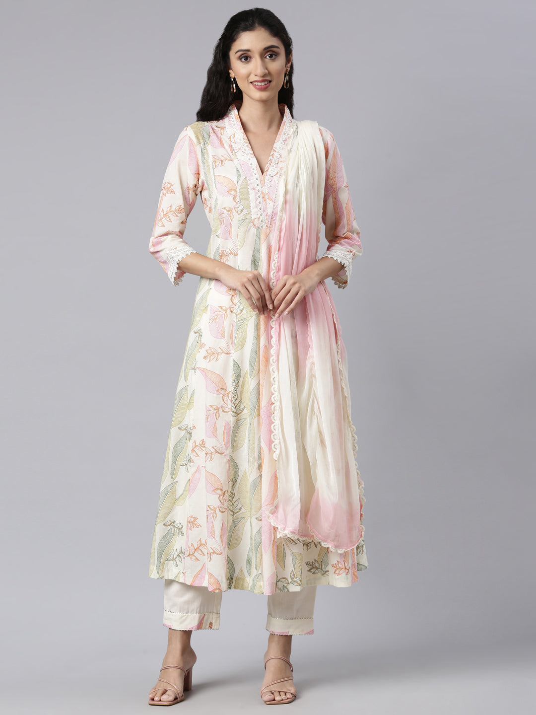Neerus Beige panelled straight suit set kurta trouser dupatta - front view