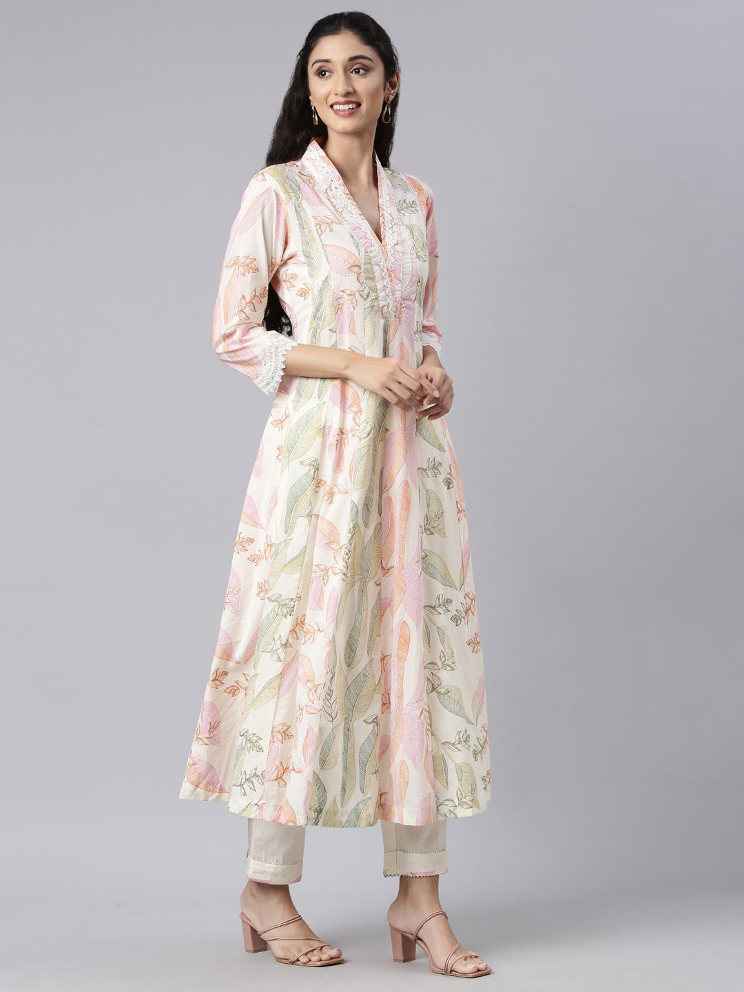 Neerus Beige panelled straight suit set kurta trouser dupatta - back view